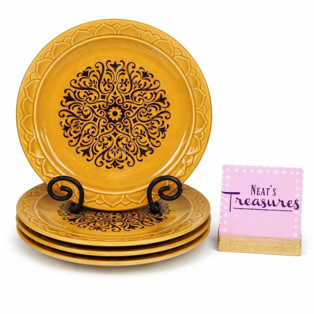 Vintage Japan GOLDEN SEVILLE Black Center Design Stoneware Dinner Plates Set 4